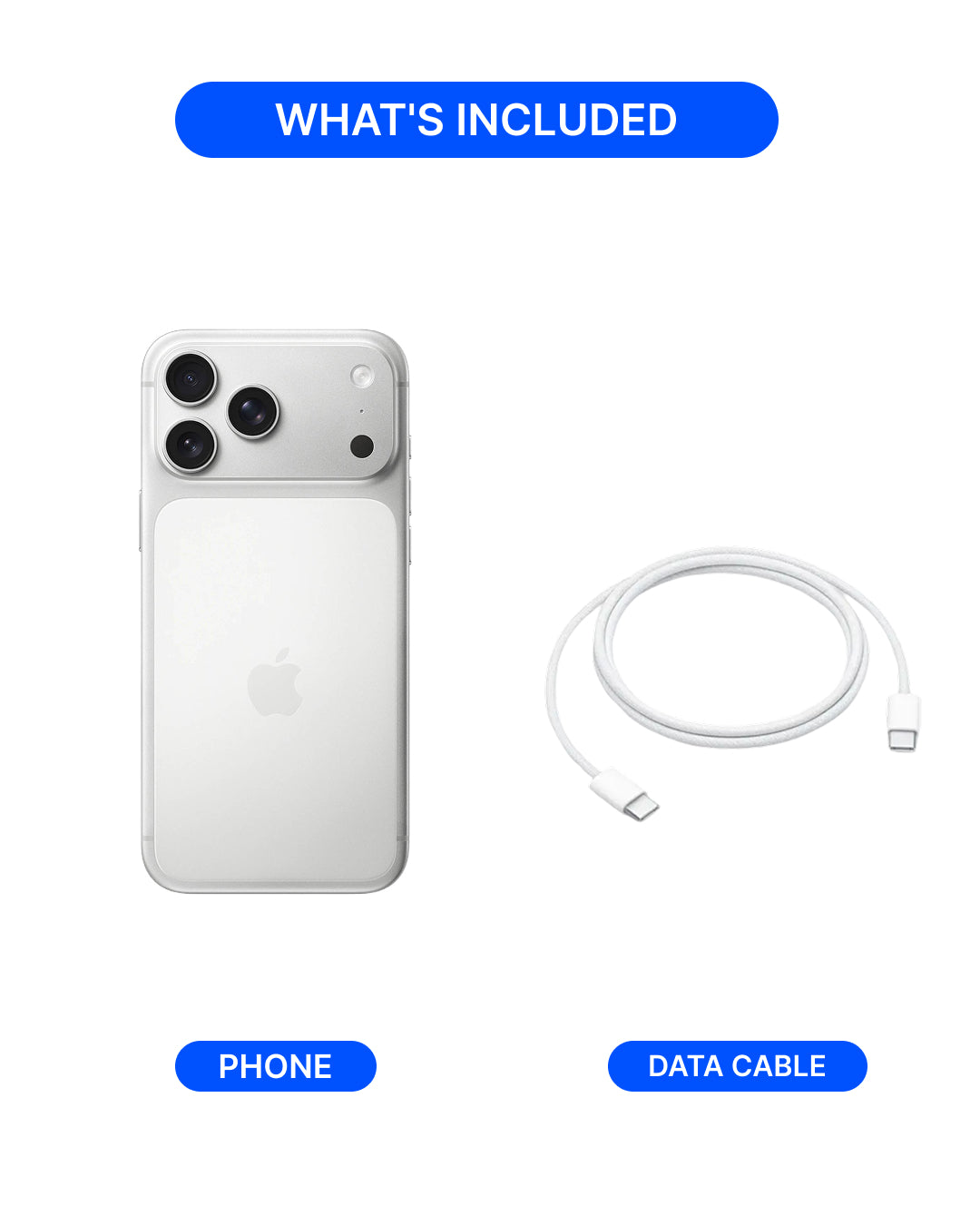 A white Apple phone with a clear case is shown next to a white USB-C data cable on a light gray background, with blue labels reading WHAT'S INCLUDED, PHONE, and DATA CABLE.