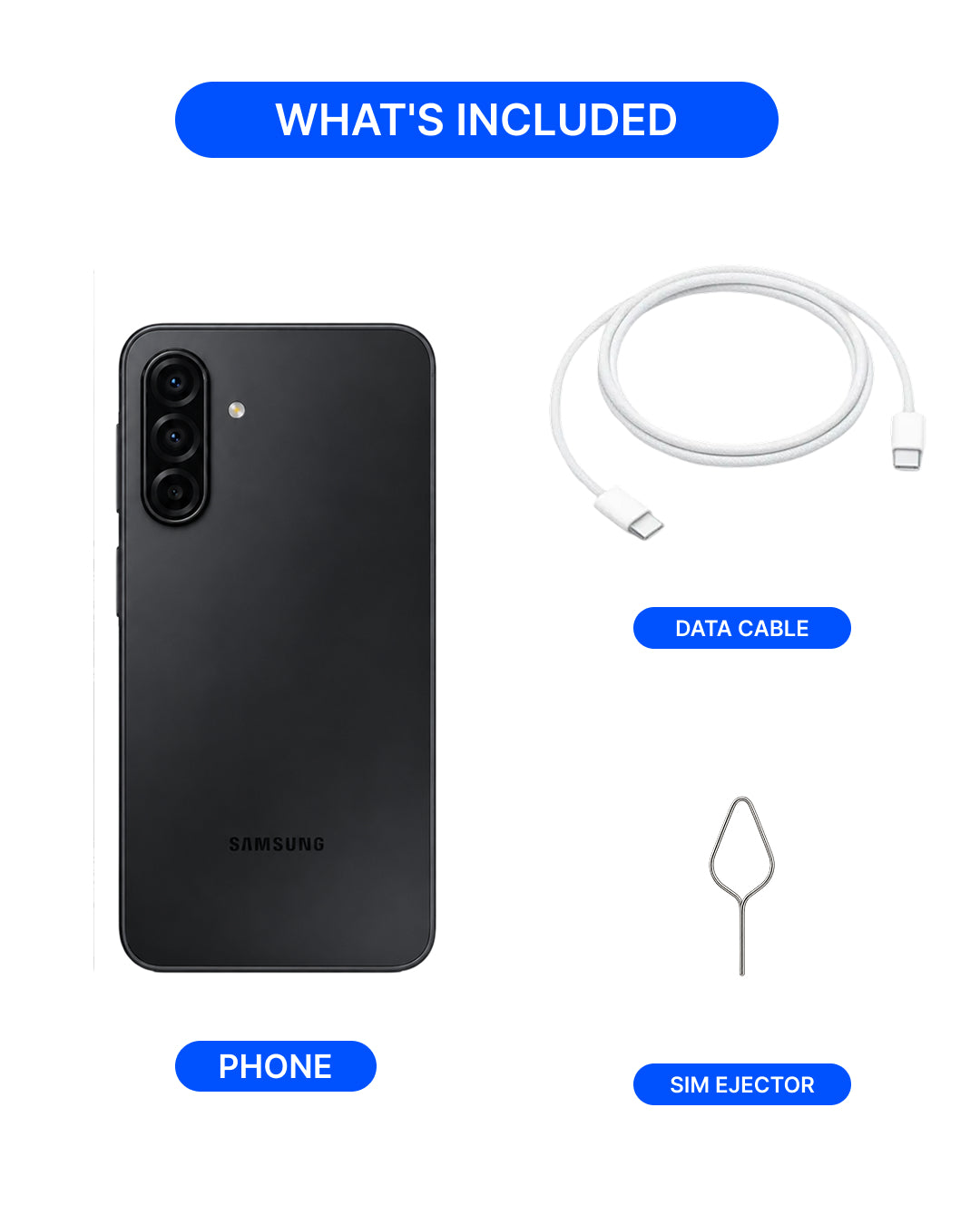 Samsung smartphone shown from the back with accessories labeled 'WHAT'S INCLUDED': a white USB-C data cable and a SIM ejector tool on a light gray background.
