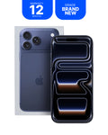 A dark blue Apple iPhone shown from the back, with a second view of the phone displaying a black front screen. Two blue promotional badges at the top read 'WARRANTY 12 MONTHS' and 'GRADE BRAND NEW'.