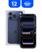 A dark blue Apple iPhone shown from the back, with a second view of the phone displaying a black front screen. Two blue promotional badges at the top read 'WARRANTY 12 MONTHS' and 'GRADE BRAND NEW'.