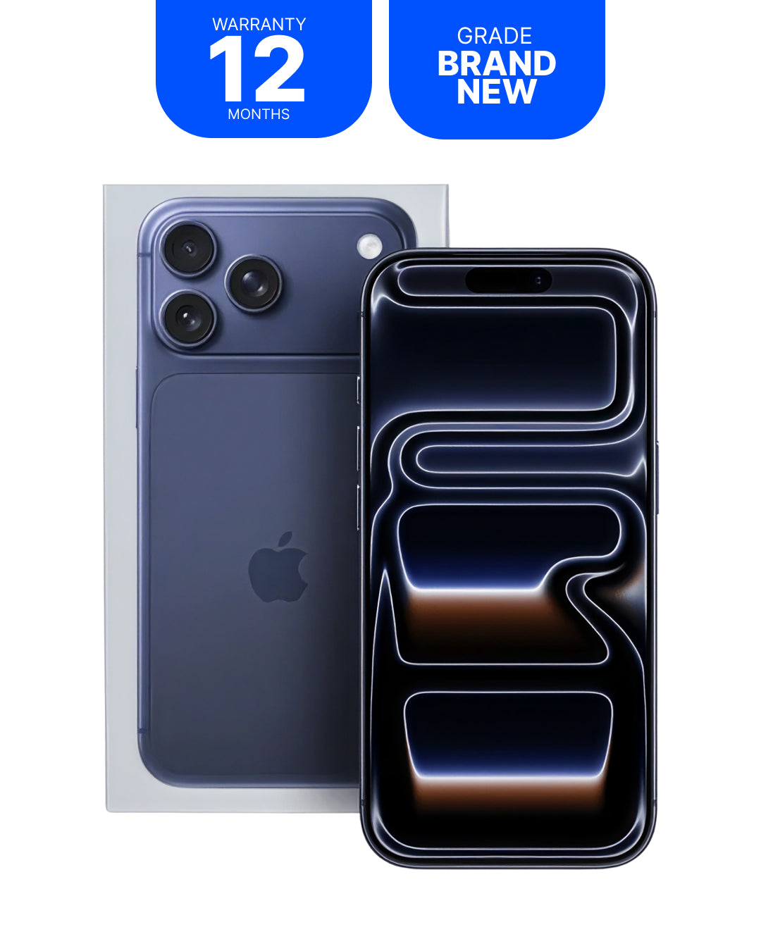 A dark blue Apple iPhone shown from the back, with a second view of the phone displaying a black front screen. Two blue promotional badges at the top read 'WARRANTY 12 MONTHS' and 'GRADE BRAND NEW'.