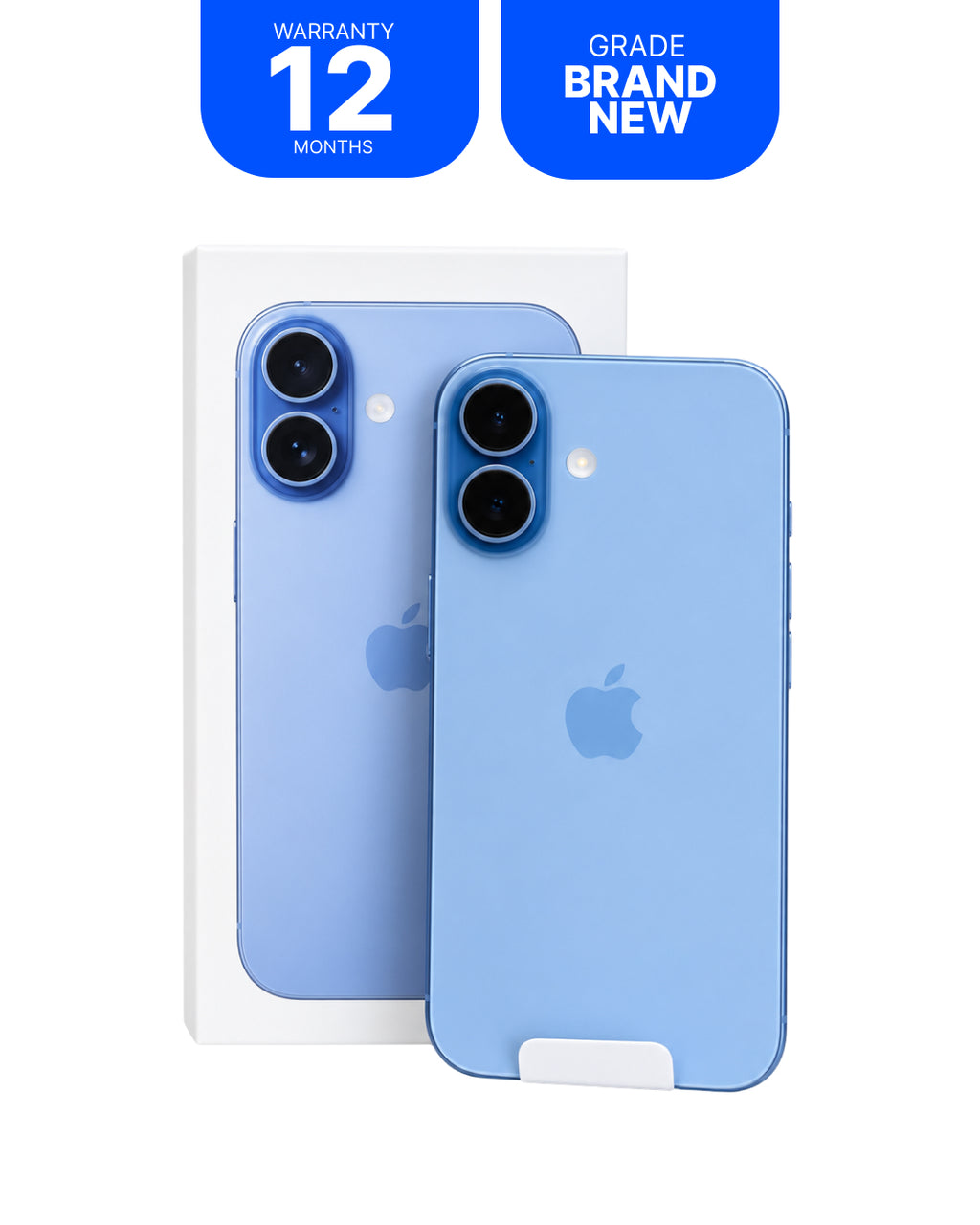 A light blue Apple iPhone shown from the back, with its white retail box behind it and two blue promotional badges at the top reading 'WARRANTY 12 MONTHS' and 'GRADE BRAND NEW'.