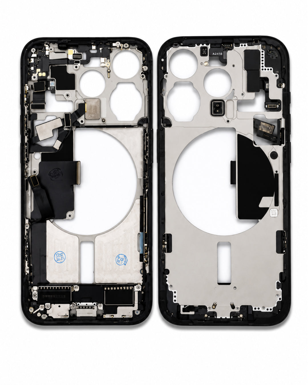 A front and back view of a replacement smartphone inner frame, showing the black outer bumper and silver metallic interior components on a white background.