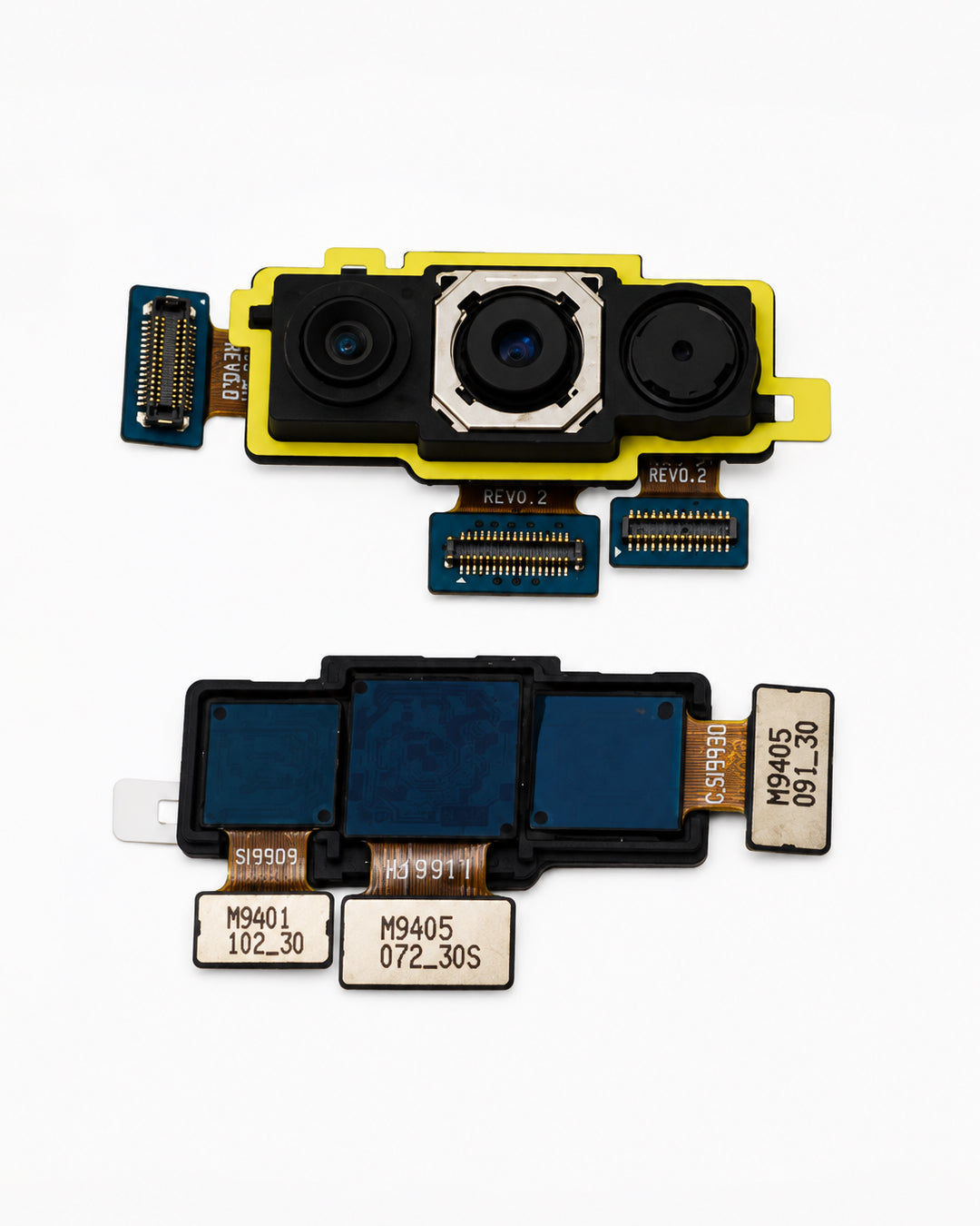 A replacement phone camera and touch sensor flex circuit board set, featuring a top camera module with yellow accents and a bottom multi-touch panel with blue sensors, laid out on a white background.