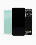 A replacement smartphone front glass display panel shown next to its mint green 'mobile service pack' box and the exposed internal backplate of a phone, on a clean white background.
