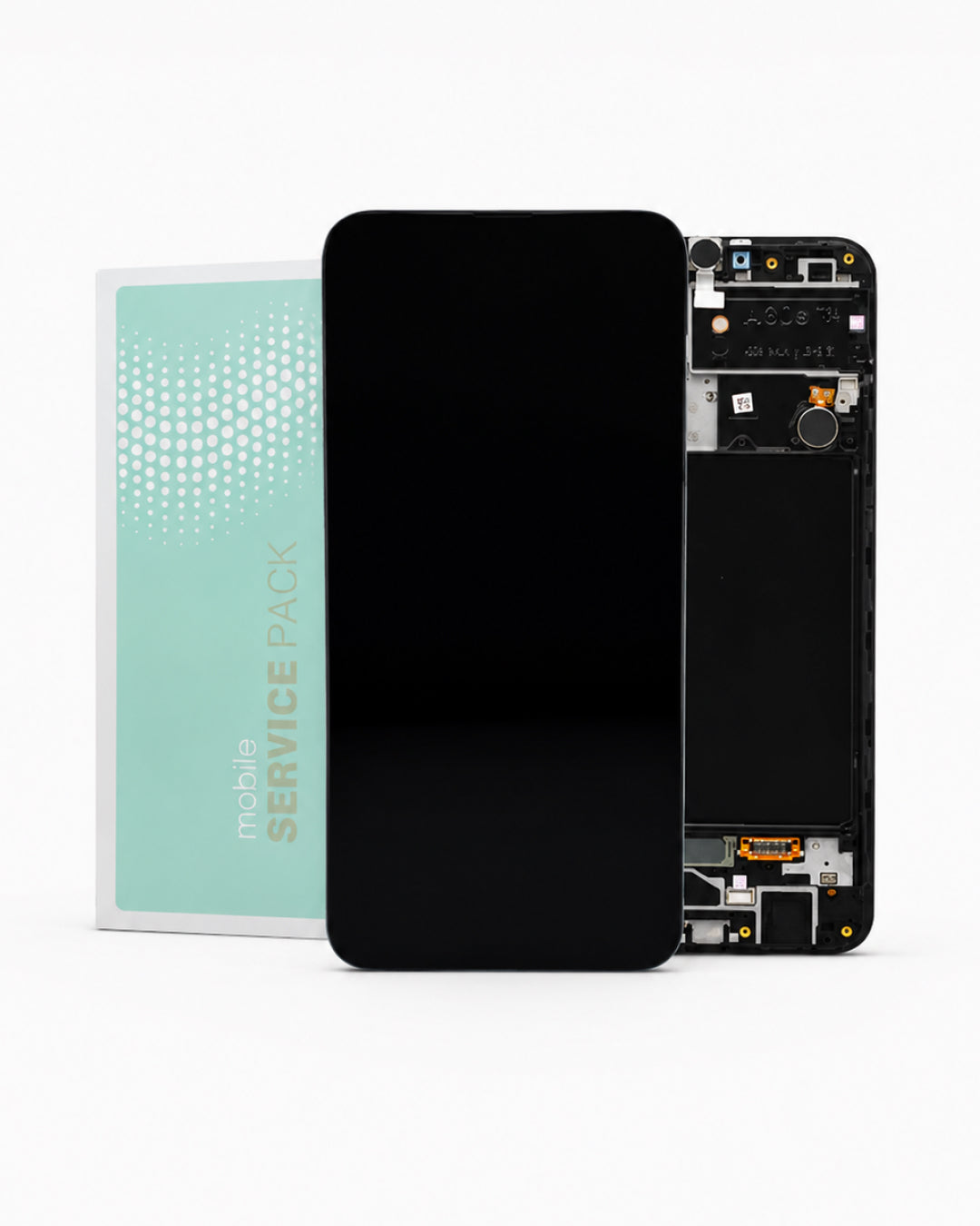 A replacement smartphone front glass display panel shown next to its mint green 'mobile service pack' box and the exposed internal backplate of a phone, on a clean white background.