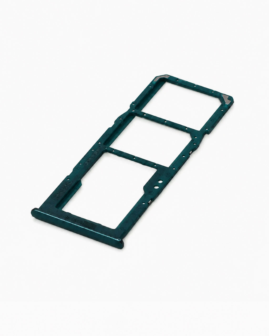 A dark teal-green plastic dual SIM tray adapter for a smartphone, shown on a clean white background.