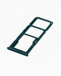A dark teal-green plastic dual SIM tray adapter for a smartphone, shown on a clean white background.