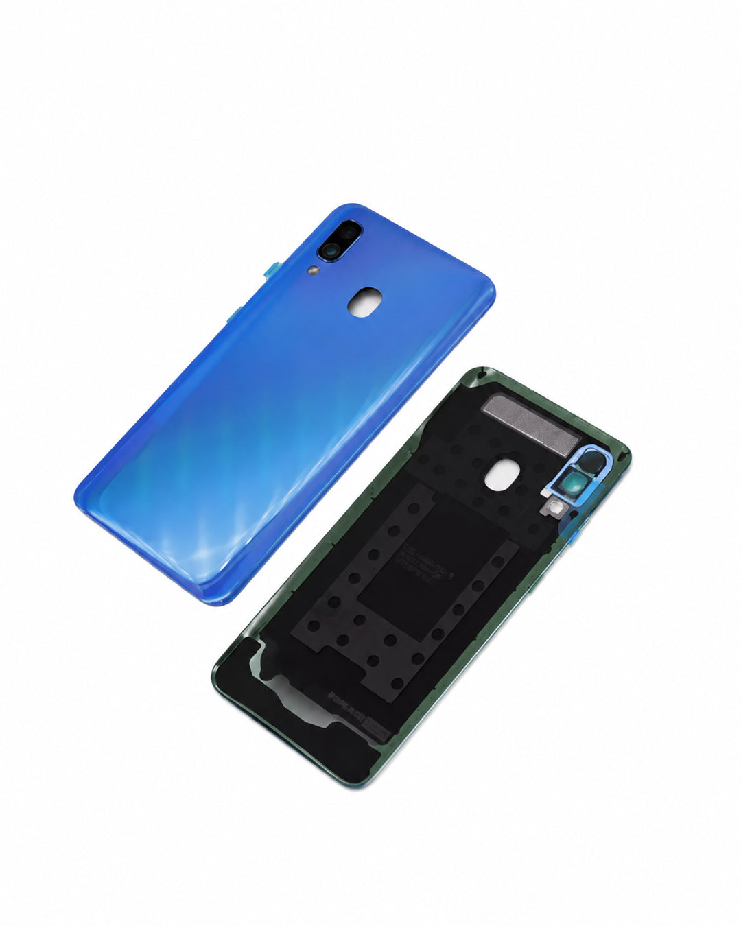 A replacement phone battery case set, featuring a glossy blue back cover and a black inner battery compartment shell, displayed on a clean white background.