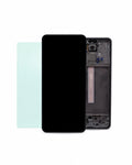 A replacement smartphone front glass screen panel shown alongside its black internal frame and a light blue protective adhesive film, set against a plain white background.