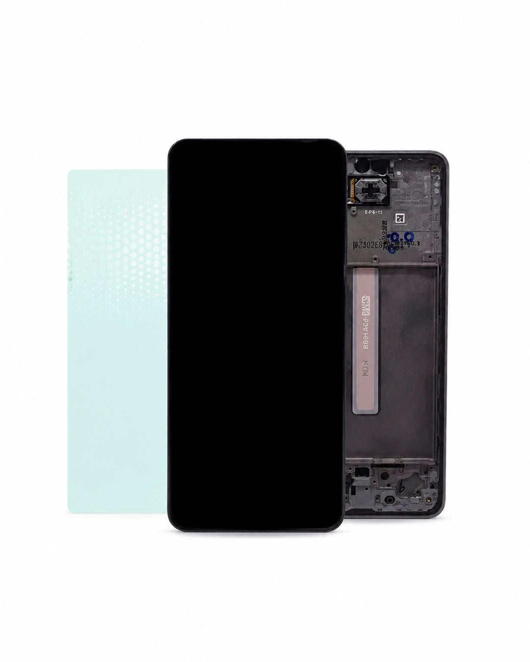 A replacement smartphone front glass screen panel shown alongside its black internal frame and a light blue protective adhesive film, set against a plain white background.