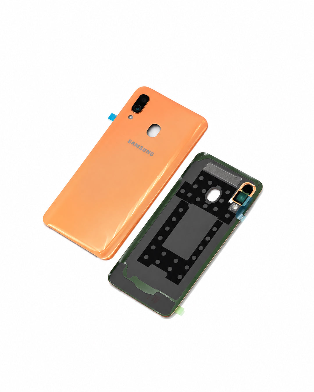 An orange Samsung Galaxy phone back cover shown next to its corresponding black inner frame and protective film on a white background.