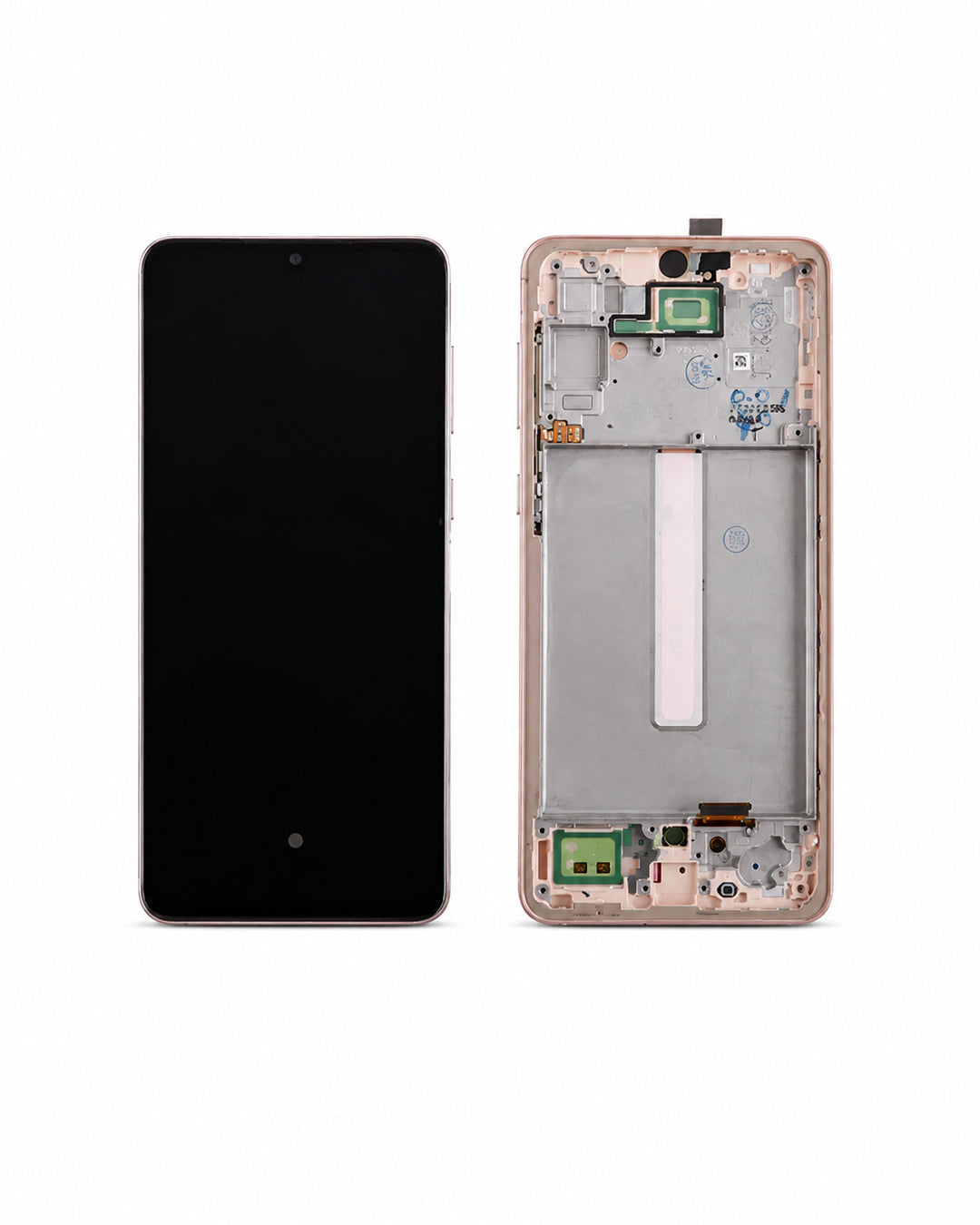 A smartphone front and back glass display assembly shown side by side on a white background. The left side shows the black front panel, and the right side shows the back glass panel with the phone's internal metallic frame and components visible.