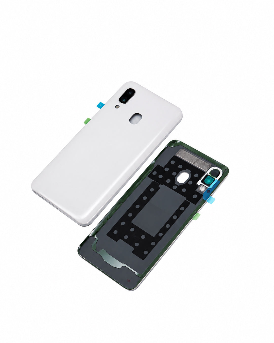 A replacement phone battery case set, showing the white outer back cover and the dark green inner battery compartment with adhesive pads and camera cutouts, on a plain white background.