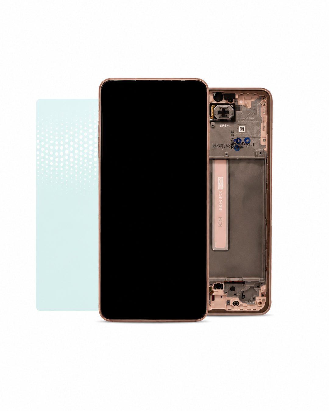 A replacement smartphone screen assembly with a black glass panel and rose gold metal frame, shown alongside its internal mounting components and a light blue protective film on a white background.