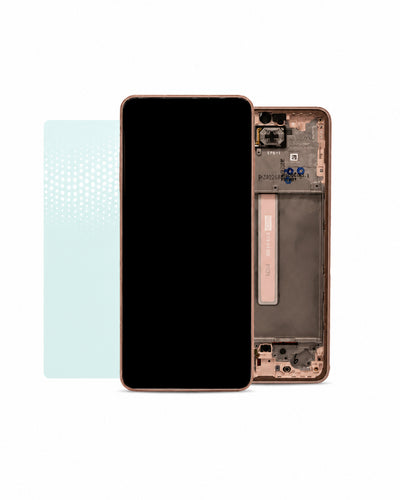 A replacement smartphone screen assembly with a black glass panel and rose gold metal frame, shown alongside its internal mounting components and a light blue protective film on a white background.