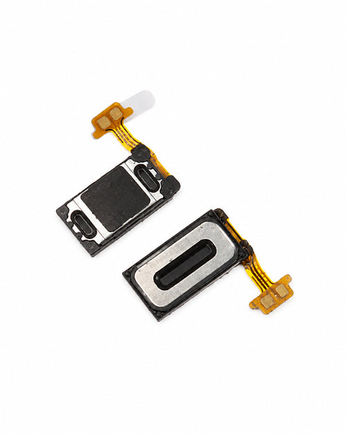 Two replacement smartphone speaker flex circuits with gold-plated connectors, black and silver metal plates, and protective clear plastic covers, shown on a white background.