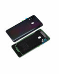 Samsung Galaxy S8 rear glass replacement panel shown in two views: the intact dark iridescent back cover and the corresponding internal backplate assembly with green adhesive backing and black foam padding.