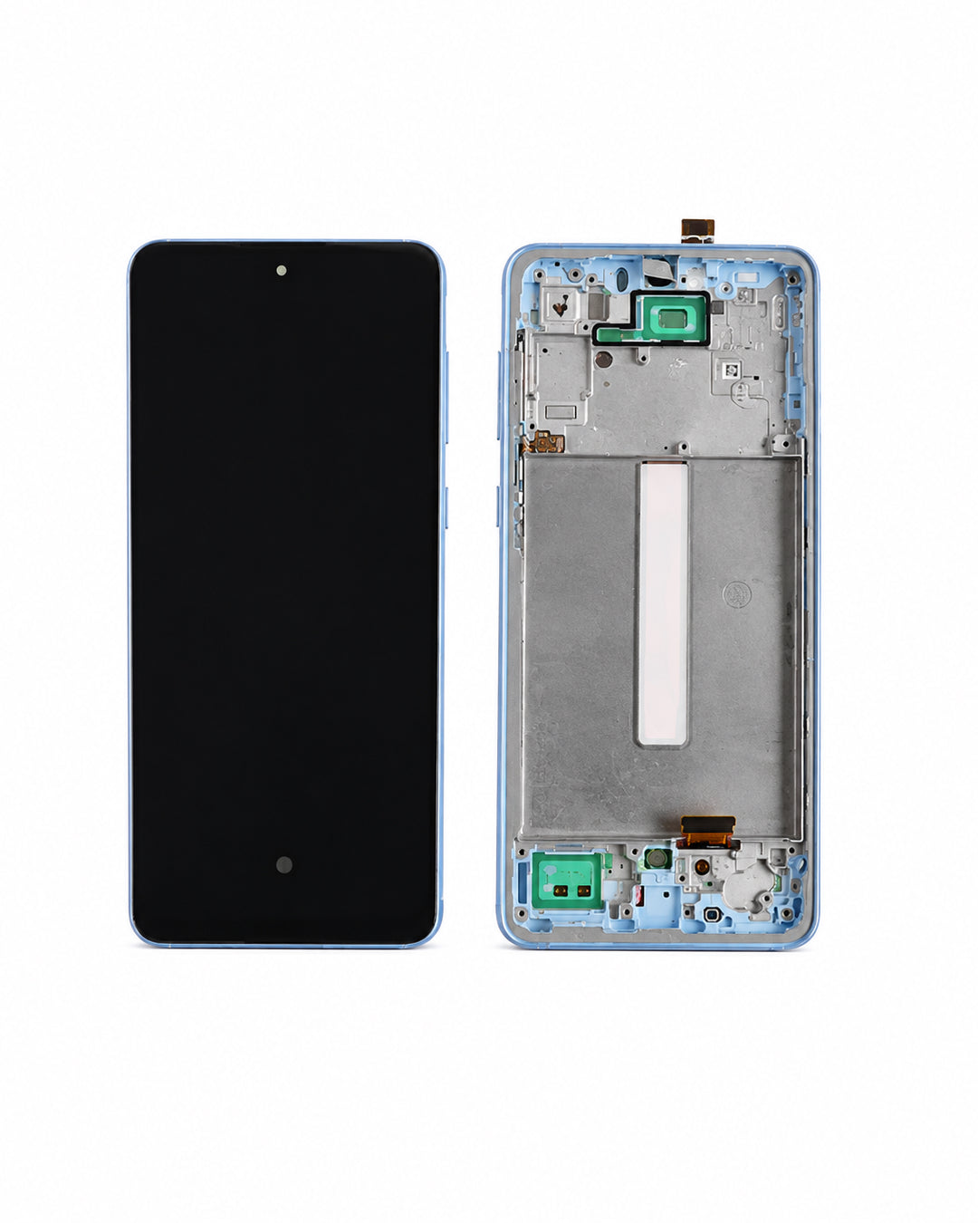 A replacement smartphone front display panel shown alongside its internal frame assembly on a white background.