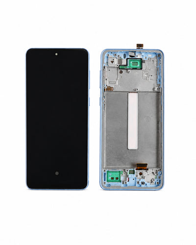 A replacement smartphone front display panel shown alongside its internal frame assembly on a white background.