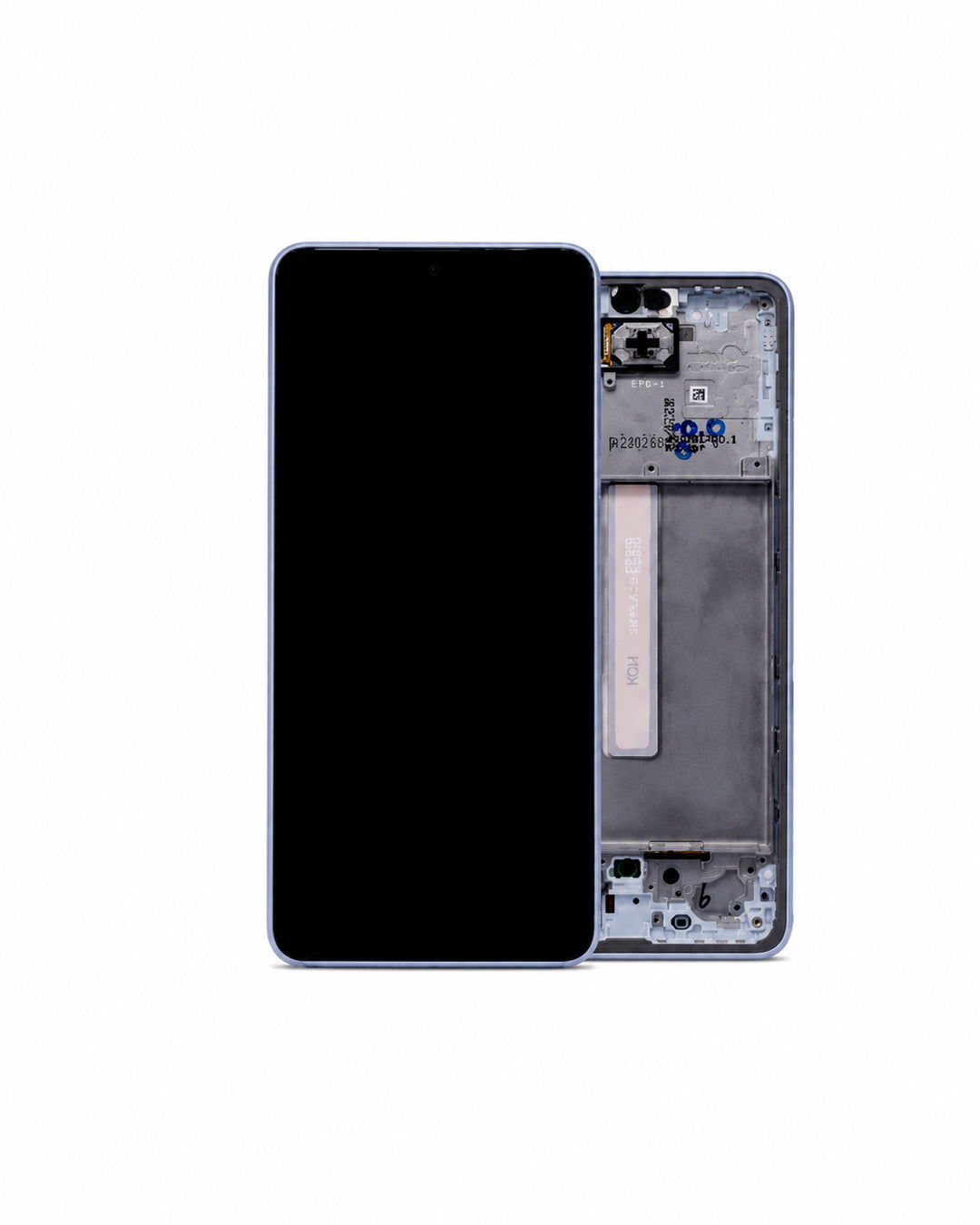 A replacement smartphone front screen assembly shown next to its matching light blue-gray internal frame on a solid white background.