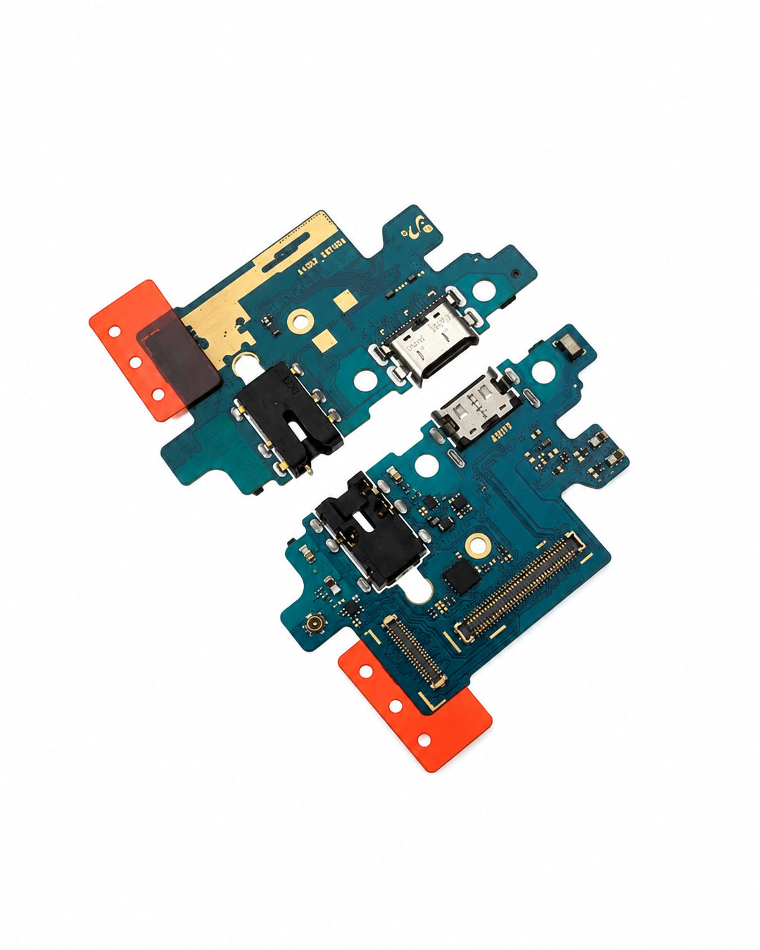 Two replacement phone motherboard flex cable connectors with orange red plastic ends, blue circuit boards, and gold-plated contacts, shown on a white background.