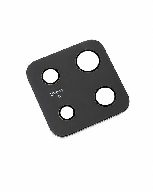 A square black camera lens protector plate with rounded corners and four circular cutouts, featuring the white printed text 'UV044 B' on one side, shown on a plain white background.