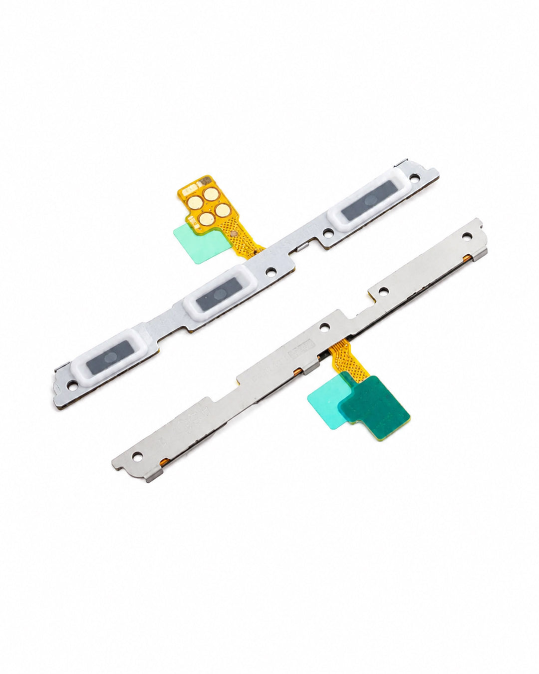 Two replacement smartphone speaker flex circuits with gold-plated connectors and green protective tape, shown on a white background.
