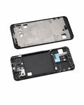 A replacement smartphone display assembly shown in two parts: the top half is the black outer frame, and the bottom half is the inner black bezel with the battery compartment and internal connectors visible, photographed on a white background.