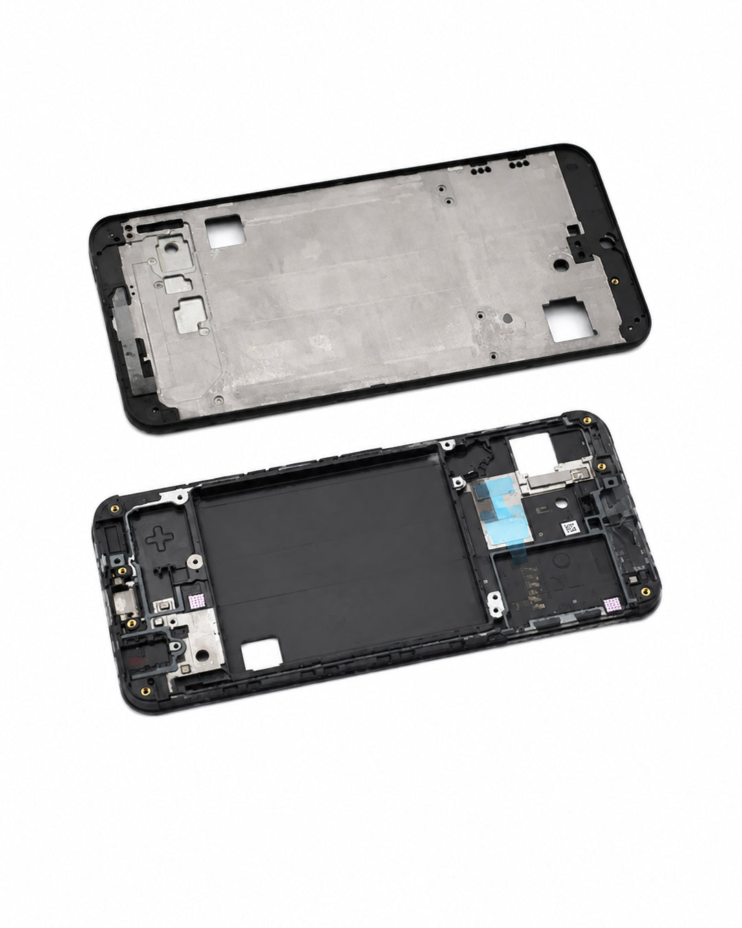 A replacement smartphone display assembly shown in two parts: the top half is the black outer frame, and the bottom half is the inner black bezel with the battery compartment and internal connectors visible, photographed on a white background.