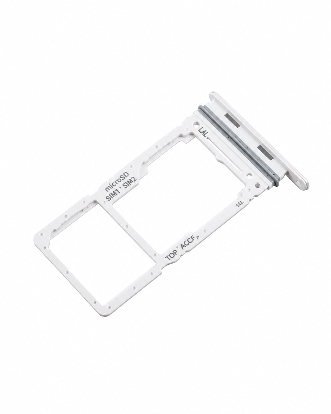 White plastic SIM card tray adapter frame with printed labels for SIM 1/2 and ACC, shown on a plain white background.