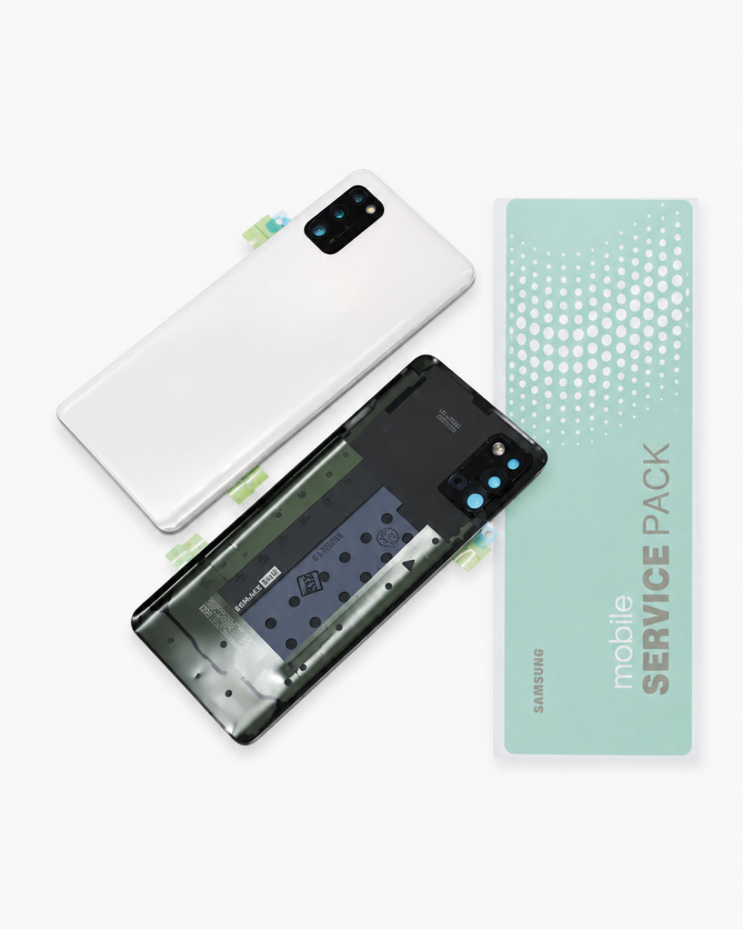 Samsung mobile service pack kit showing a white Samsung smartphone, a black phone back assembly with internal components exposed, and a mint green card labeled 'mobile SERVICE PACK' with the Samsung logo.