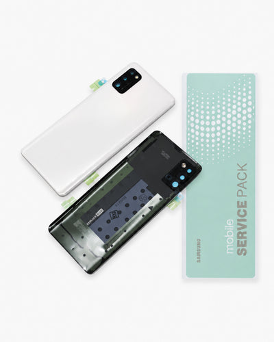 Samsung mobile service pack kit showing a white Samsung smartphone, a black phone back assembly with internal components exposed, and a mint green card labeled 'mobile SERVICE PACK' with the Samsung logo.