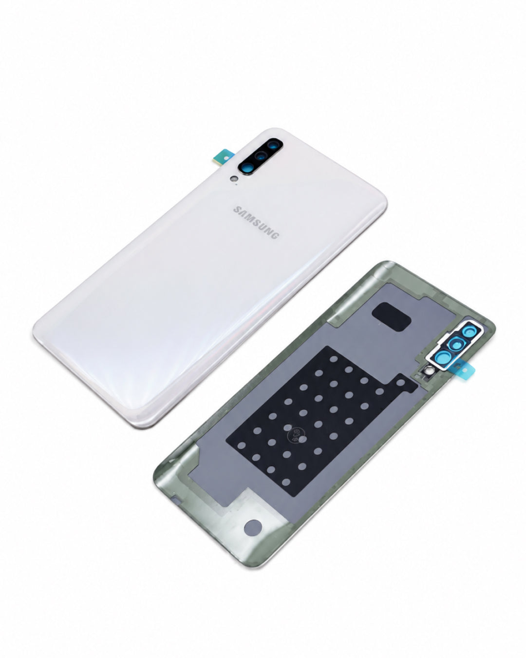 A white Samsung Galaxy phone back panel shown alongside its internal backplate assembly, including camera cutouts, fingerprint sensor area, and adhesive tabs, on a clean white background.