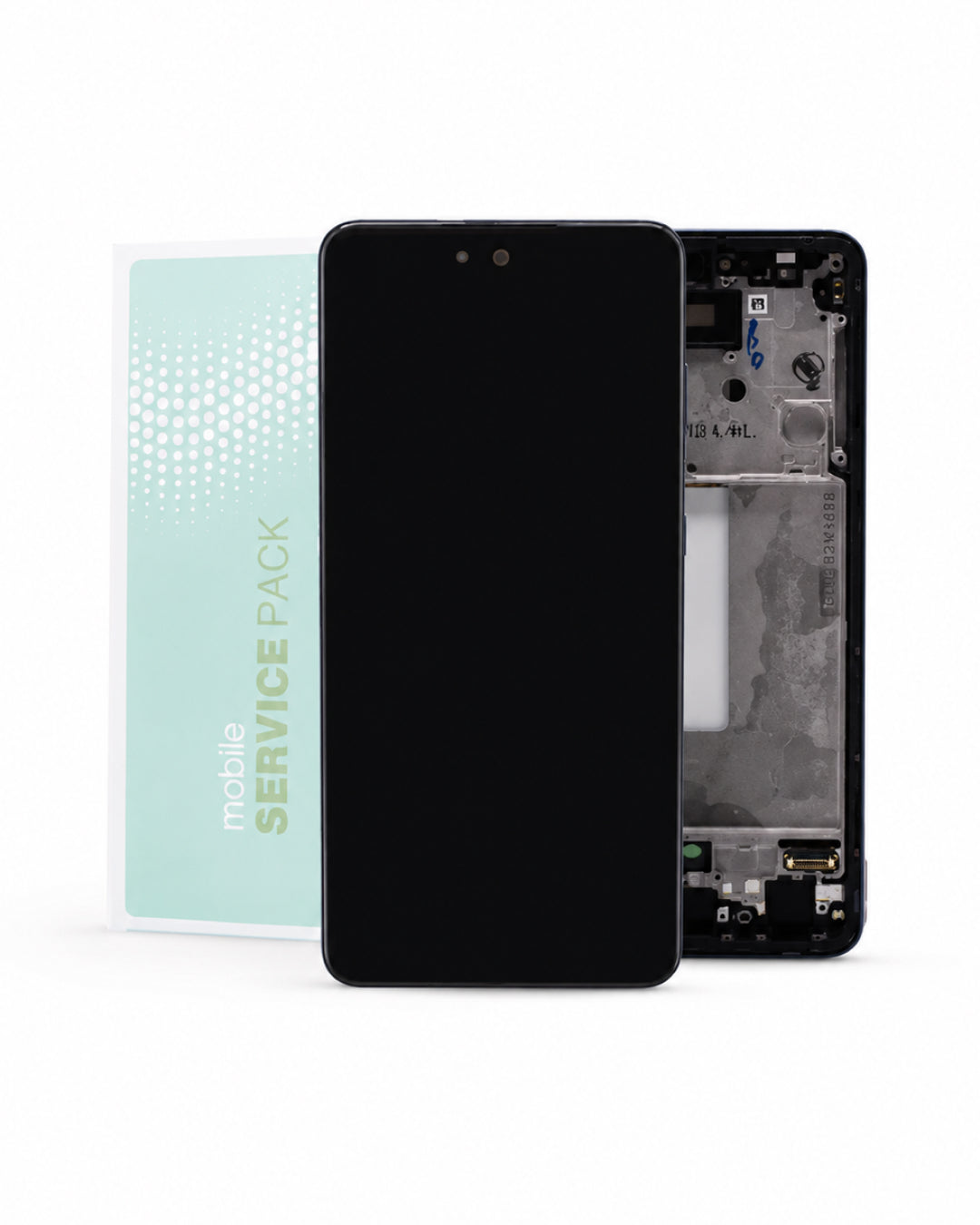A replacement smartphone front and back glass LCD assembly with a black front panel and exposed internal components, shown next to a mint green 'mobile SERVICE PACK' box on a white background.