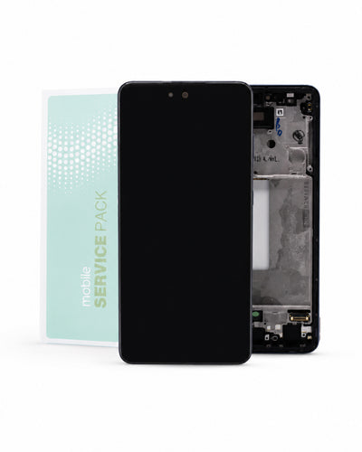 A replacement smartphone front and back glass LCD assembly with a black front panel and exposed internal components, shown next to a mint green 'mobile SERVICE PACK' box on a white background.