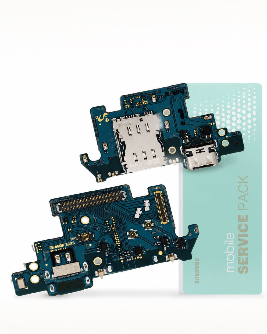 Two replacement mobile phone circuit boards displayed diagonally next to a light blue packaging card labeled 'mobile SERVICE PACK' and 'SAMSUNG' on a clean white background.
