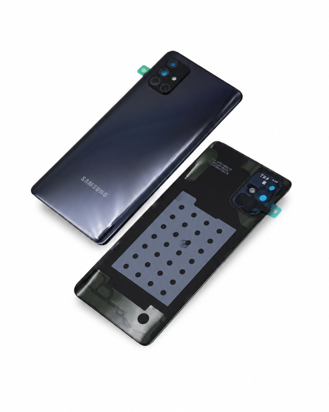 A replacement smartphone back panel set showing both the glossy dark blue rear cover and the black inner backplate with camera cutouts and adhesive pads, on a white background.