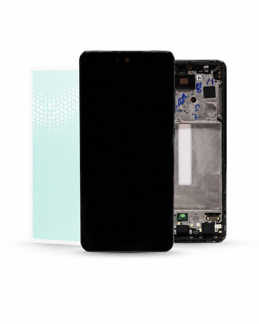 A replacement smartphone front glass panel with a black screen is shown alongside its internal mounting frame and a light blue protective film on a white background.