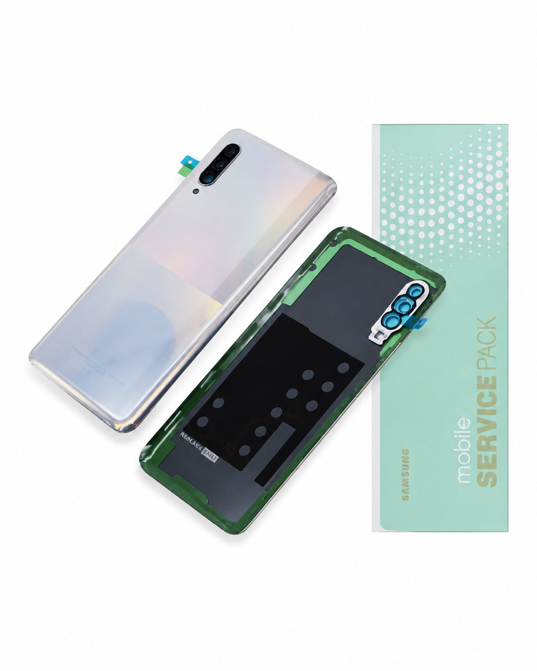 Samsung Galaxy phone back replacement panel kit showing the back glass panel with iridescent finish, the inner frame with camera cutouts, and a mint green 'mobile service pack' box on a white background.