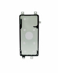 A replacement front glass display panel for a smartphone, featuring a black outer bumper and silver metal mounting clips on a solid white background.