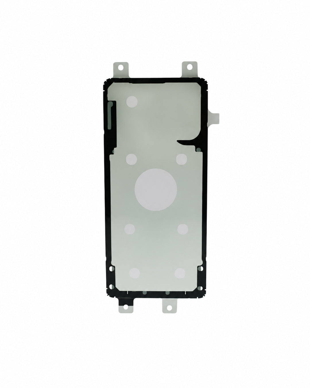 A replacement front glass display panel for a smartphone, featuring a black outer bumper and silver metal mounting clips on a solid white background.