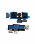 A replacement smartphone camera and flash flex cable assembly shown in two separate halves on a plain white background. The assembly features a blue protective carrier, dual camera lenses, gold-plated contacts, and several small white labels with printed serial numbers.