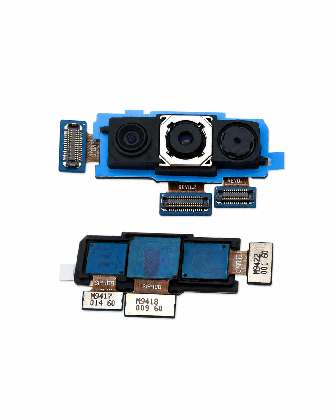 A replacement smartphone camera and flash flex cable assembly shown in two separate halves on a plain white background. The assembly features a blue protective carrier, dual camera lenses, gold-plated contacts, and several small white labels with printed serial numbers.
