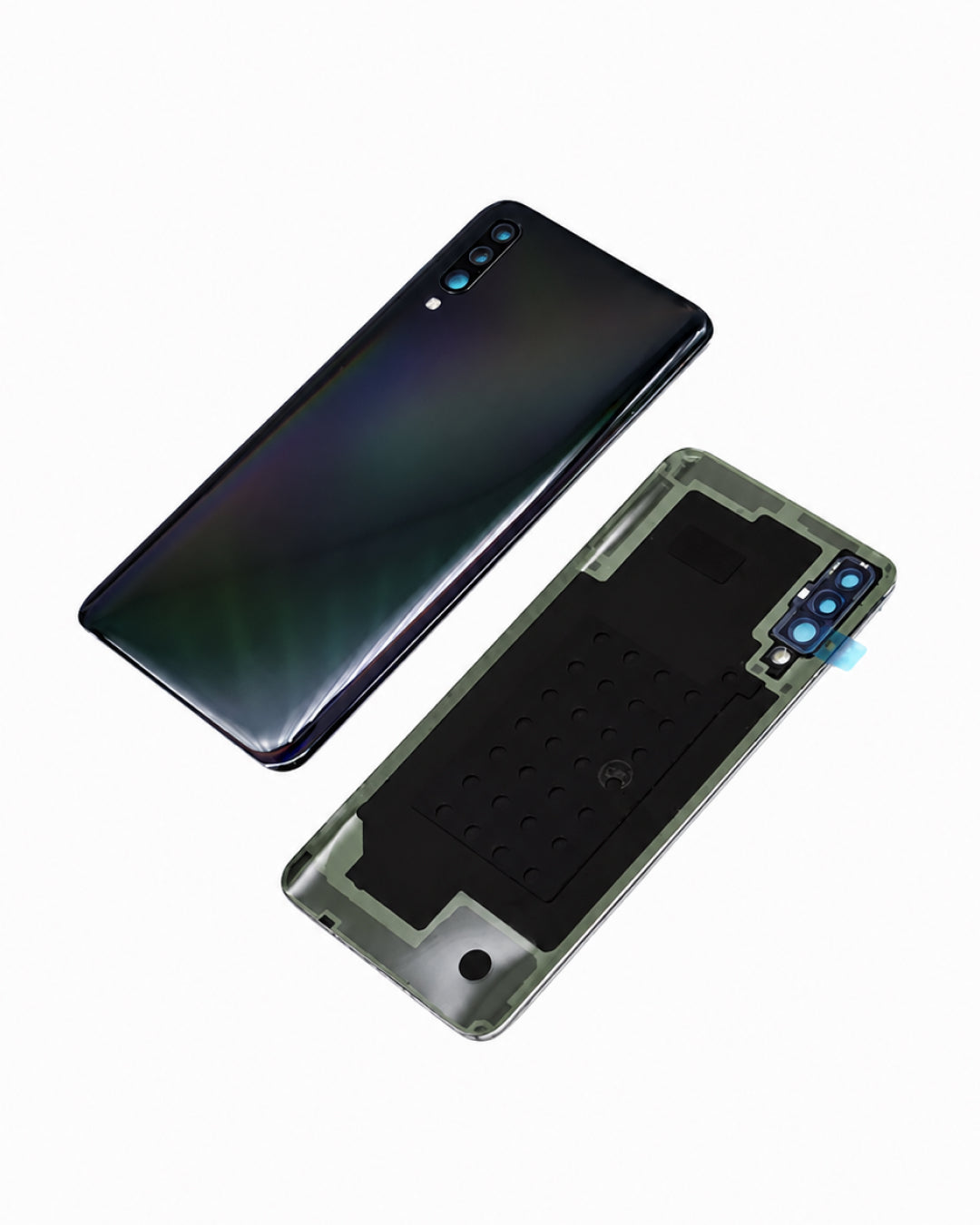 A replacement back glass panel for a smartphone, shown in two views: the glossy dark iridescent outer back cover on the left, and the transparent outer frame with a black adhesive insert on the right, set against a plain white background.