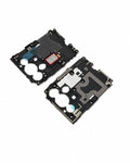 Two black replacement phone internal frame boards with gold-plated contacts, silver heat sinks, and small blue and red adhesive pieces, shown on a white background.