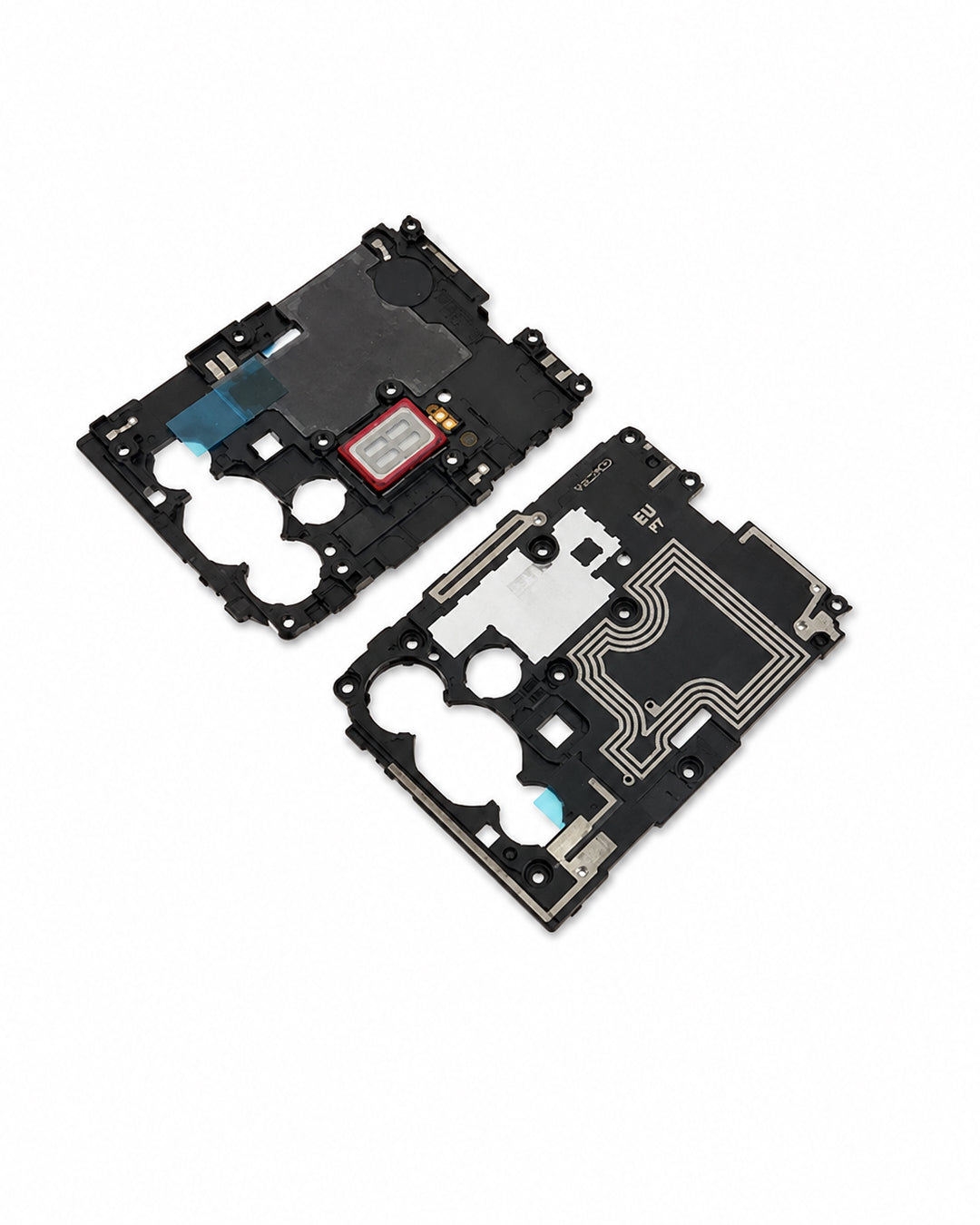 Two black replacement phone internal frame boards with gold-plated contacts, silver heat sinks, and small blue and red adhesive pieces, shown on a white background.