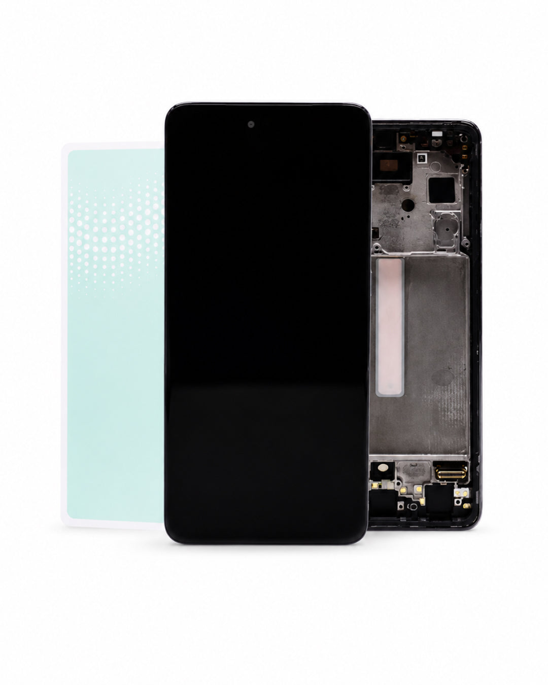 A replacement smartphone front glass display panel with a black screen, shown alongside its light blue protective backing sheet and the exposed internal metal and circuitry frame of the phone.