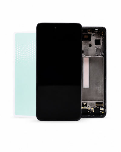 A replacement smartphone front glass display panel with a black screen, shown alongside its light blue protective backing sheet and the exposed internal metal and circuitry frame of the phone.