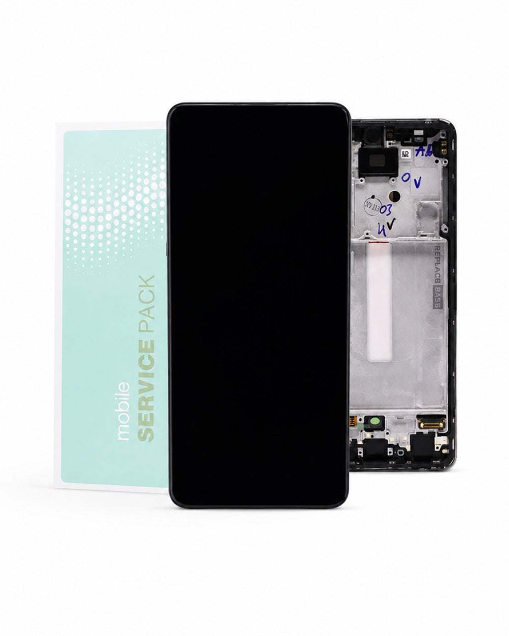 A replacement smartphone screen assembly shown with its black front panel in front, the exposed internal frame and circuitry behind it, and a mint-green service pack card on a clean white background.